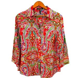 Lauren Ralph Lauren Paisley Shirt L Womens Button Up Multicolor Colorful Mod